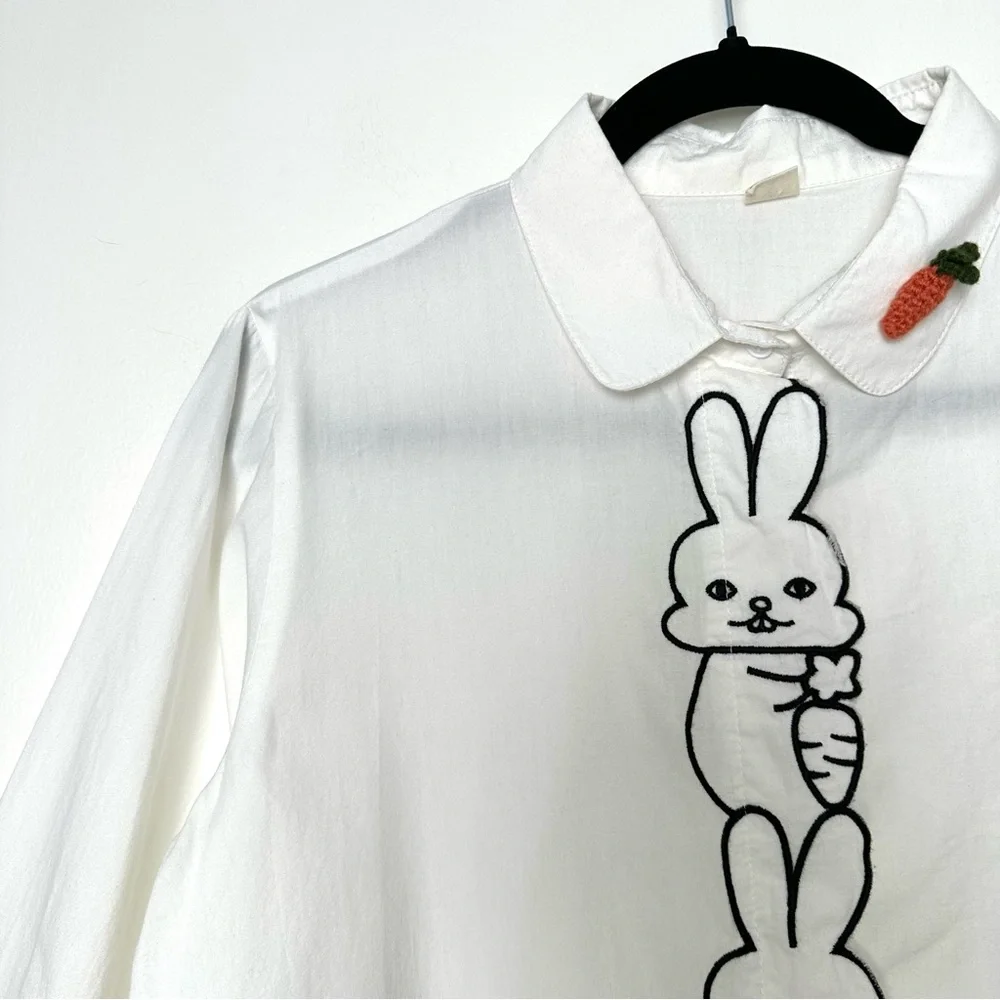 Kitschy Embroidered Rabbit with Crochet Carrot Dopamine Dressing Kawaii Blouse - Picture 5 of 9